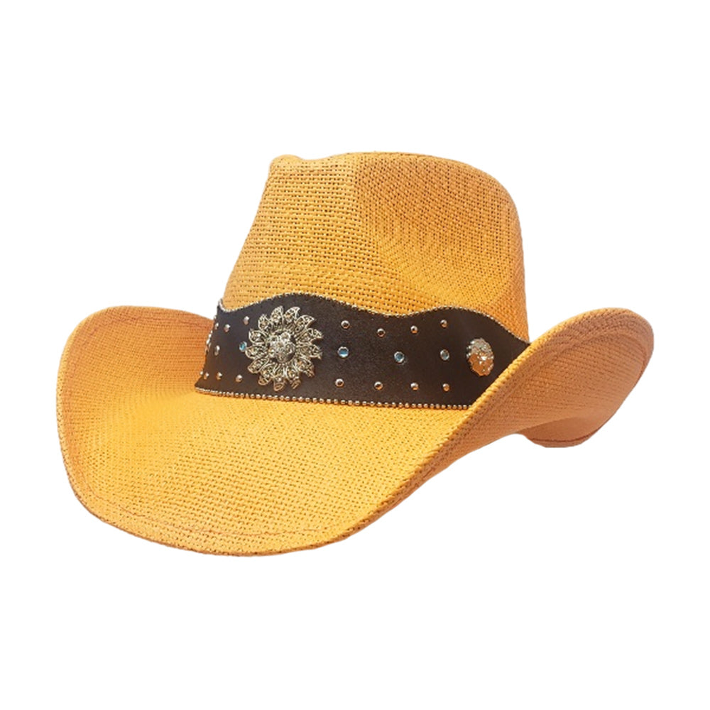 Vintage Metal Western Flower Pointed Genuine Leather Straw Cowboy Hat