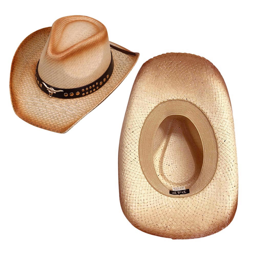 Metal Steer Head Pointed Faux Leather Band Western Straw Cowboy Fedora Hat
