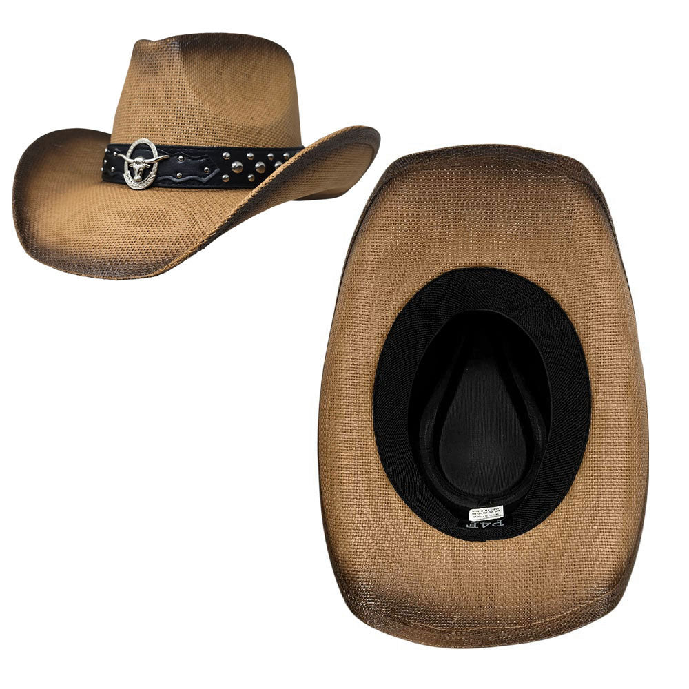 Leather Linked Band Western Straw Cowboy Fedora Hat