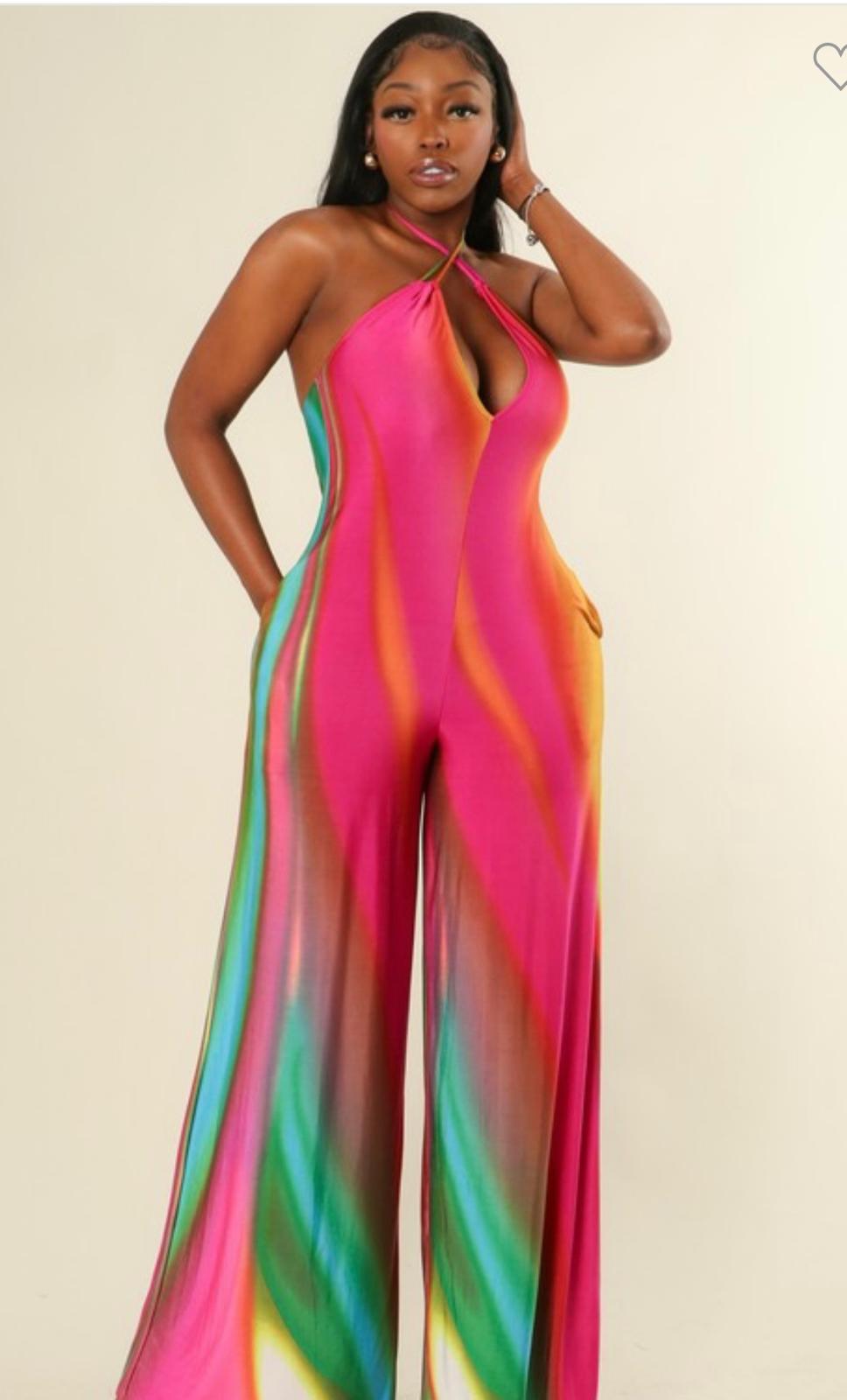 Ariel  Multi Print Cross Halter Neck Jumpsuit