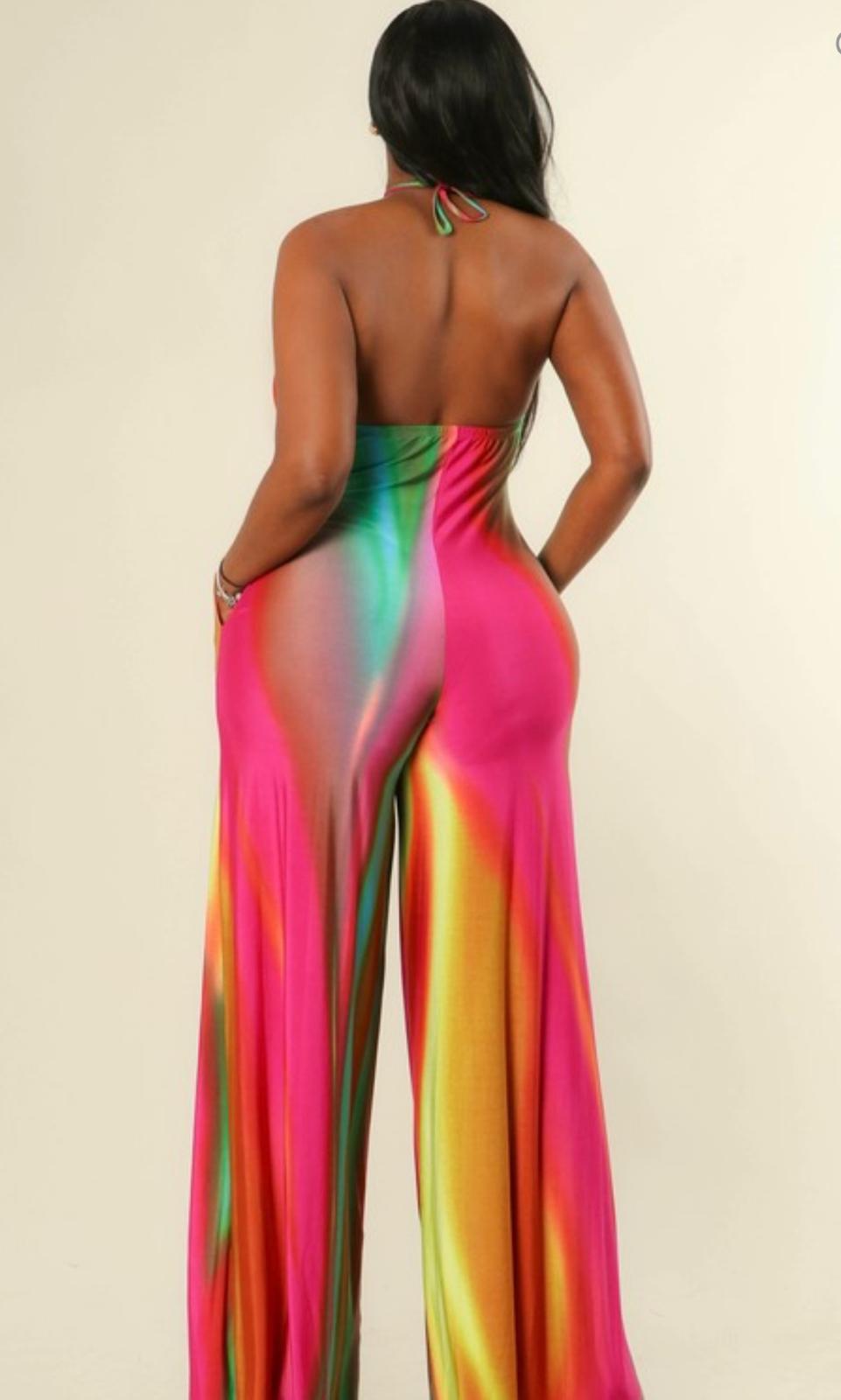 Ariel  Multi Print Cross Halter Neck Jumpsuit