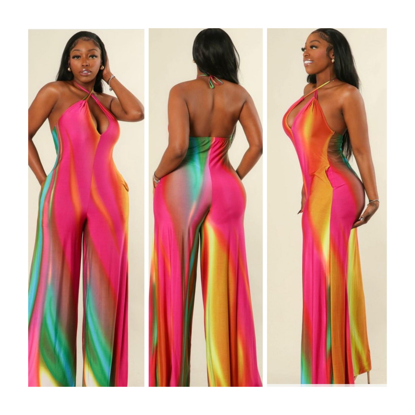 Ariel  Multi Print Cross Halter Neck Jumpsuit