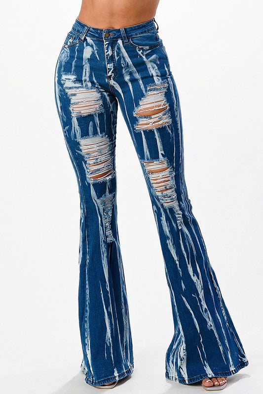 SCRATCH WASHED FLARE DENIM PANTS