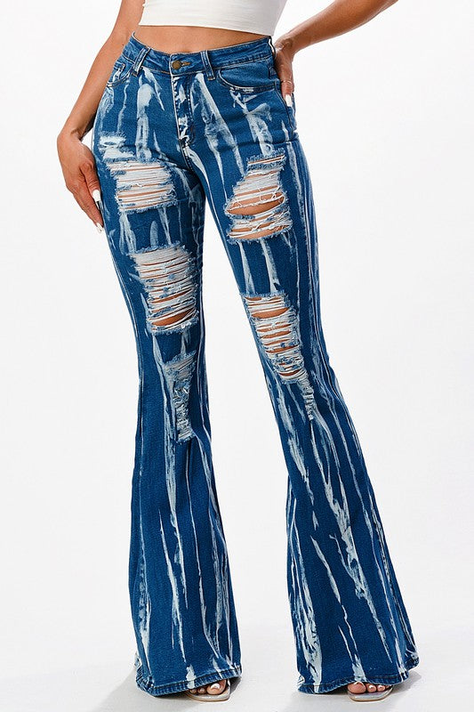 SCRATCH WASHED FLARE DENIM PANTS