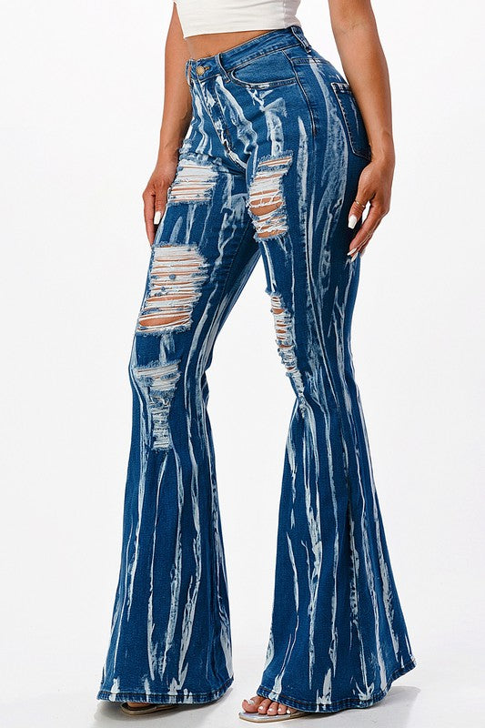 SCRATCH WASHED FLARE DENIM PANTS