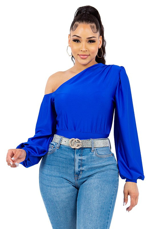 ASYMMETRIC OFF SHOULDER BISHOP SLEEVES TOP
