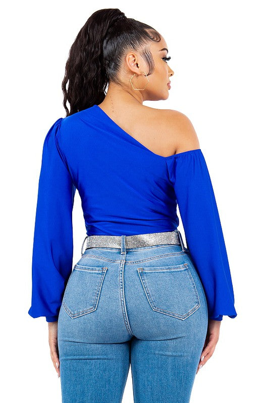 ASYMMETRIC OFF SHOULDER BISHOP SLEEVES TOP