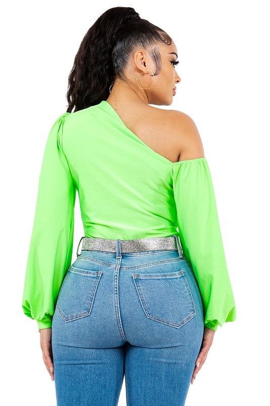 ASYMMETRIC OFF SHOULDER BISHOP SLEEVES TOP