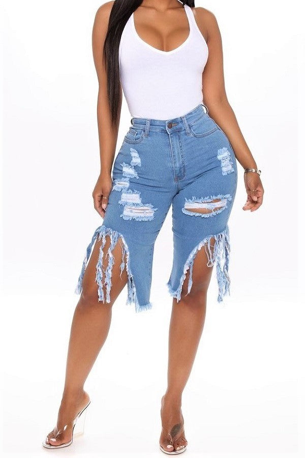 High Rise Super Frayed on Out seam Destroyed Denim Bermuda