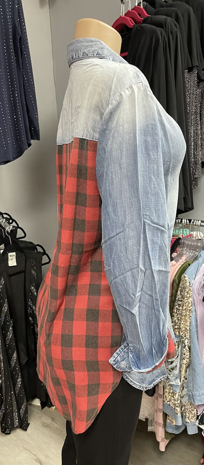DENIM BUTTON SHIRT WITH PLAID BACK