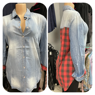 DENIM BUTTON SHIRT WITH PLAID BACK