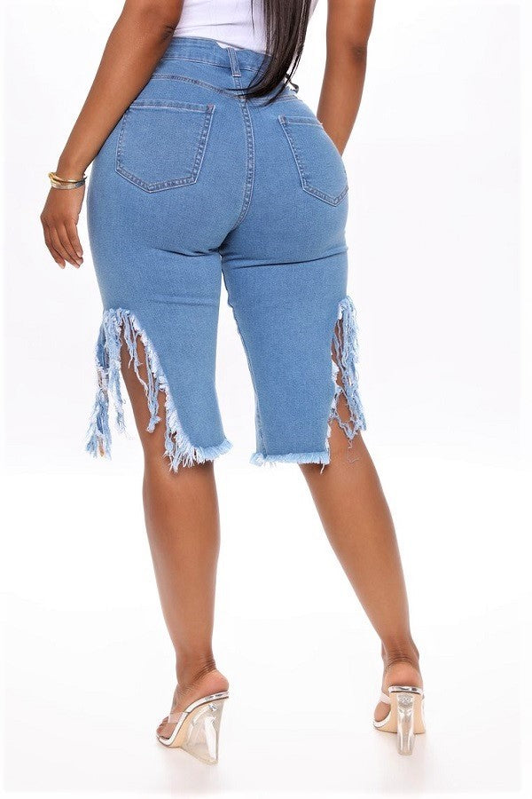High Rise Super Frayed on Out seam Destroyed Denim Bermuda