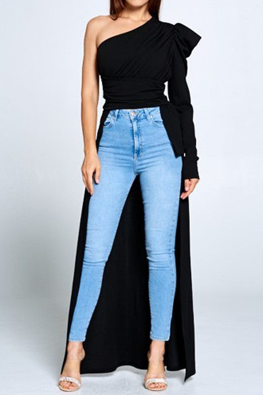 Jazzy One shoulder Long sleeve back drop Top