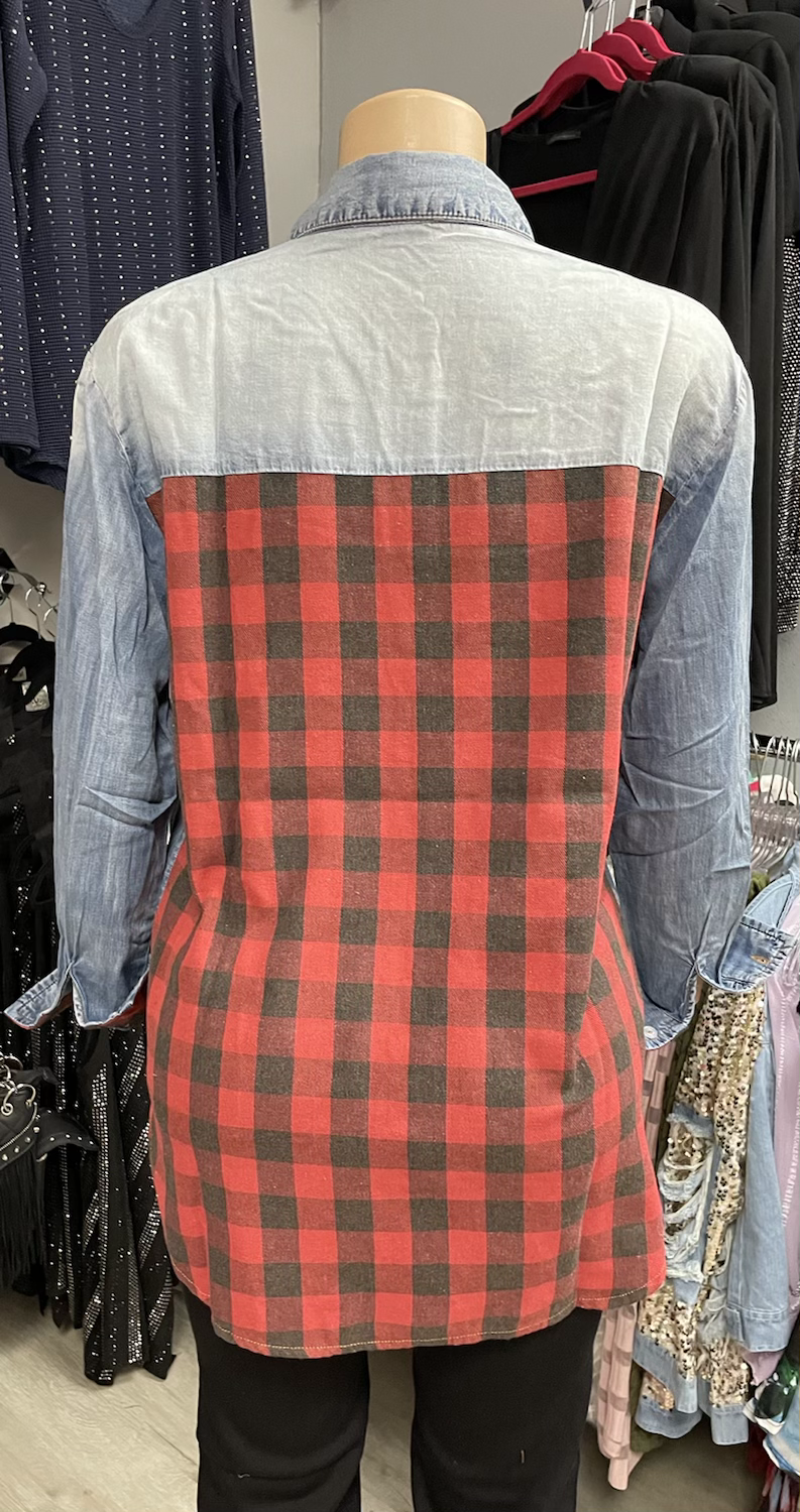 DENIM BUTTON SHIRT WITH PLAID BACK