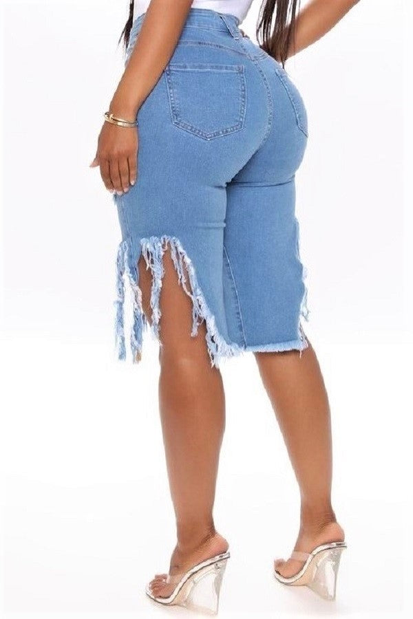 High Rise Super Frayed on Out seam Destroyed Denim Bermuda