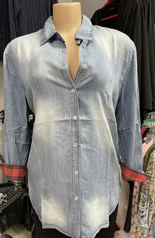 DENIM BUTTON SHIRT WITH PLAID BACK