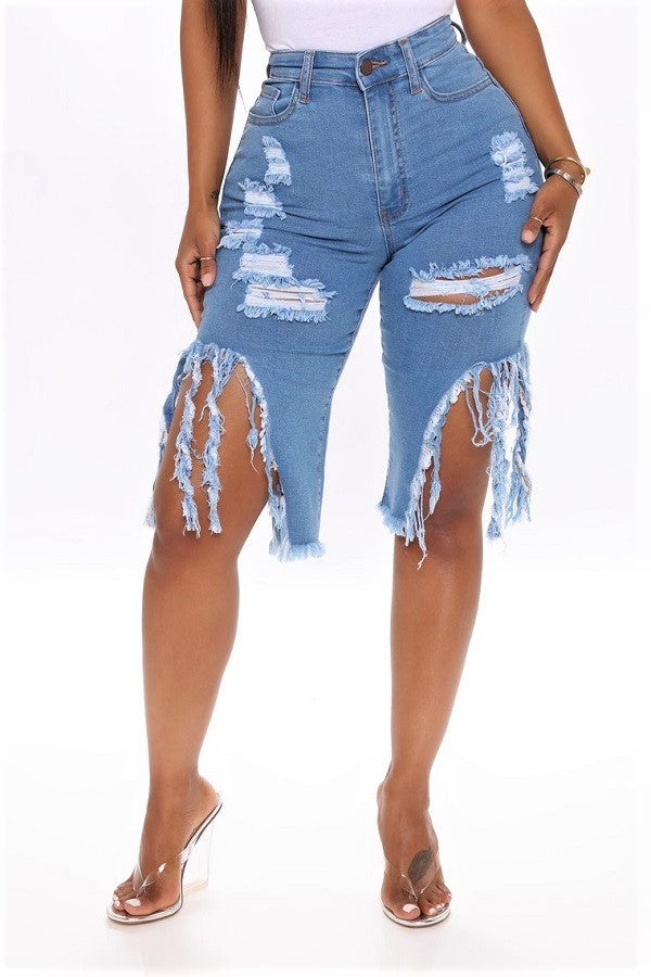 High Rise Super Frayed on Out seam Destroyed Denim Bermuda