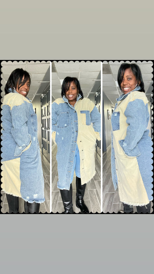 Washed Denim Colorblock Over Sized Long Jacket